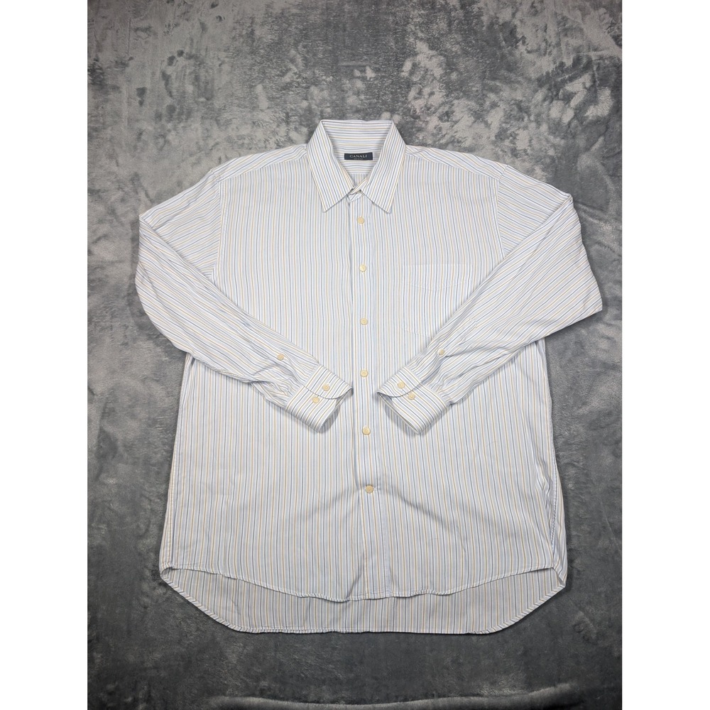 Canali Dress Shirt Mens XL White Blue Stripe Classic Fit Made Italy Long Sleeve